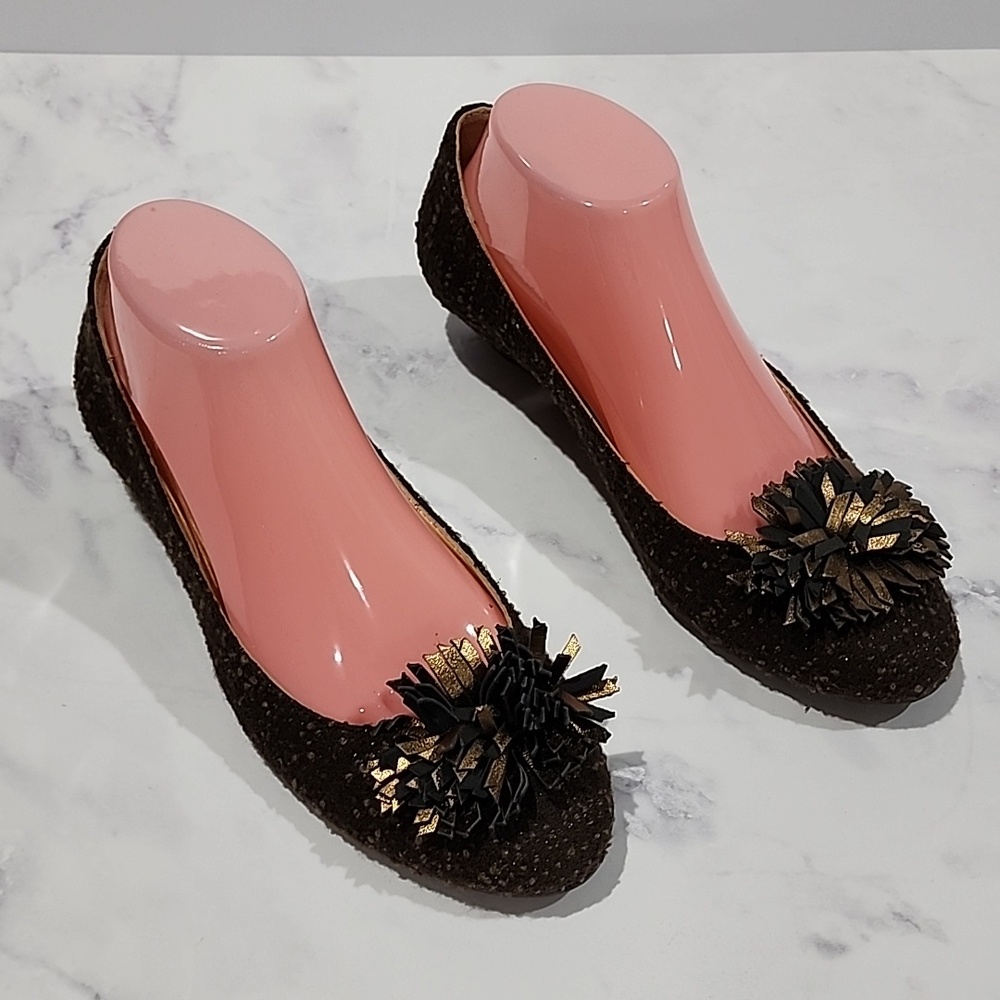 Butter Brown & Gold Flower Pom-Pom Kitten Comfy Shoes Made In Italy